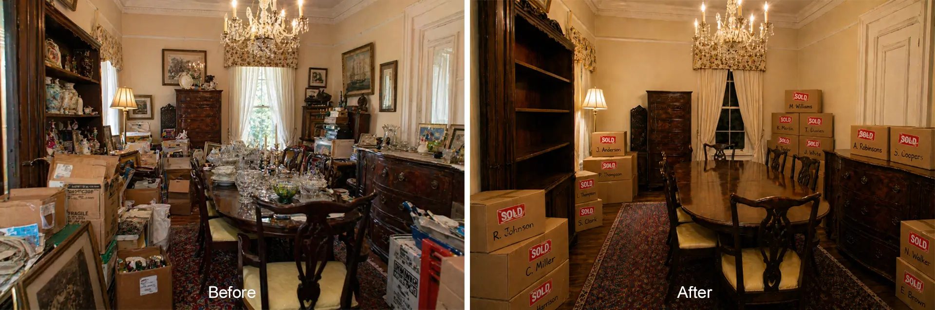 Estate Sale Cleanout-Inherited Charleston Dining Room Sold Items Packed-Room Cleared Out copy
