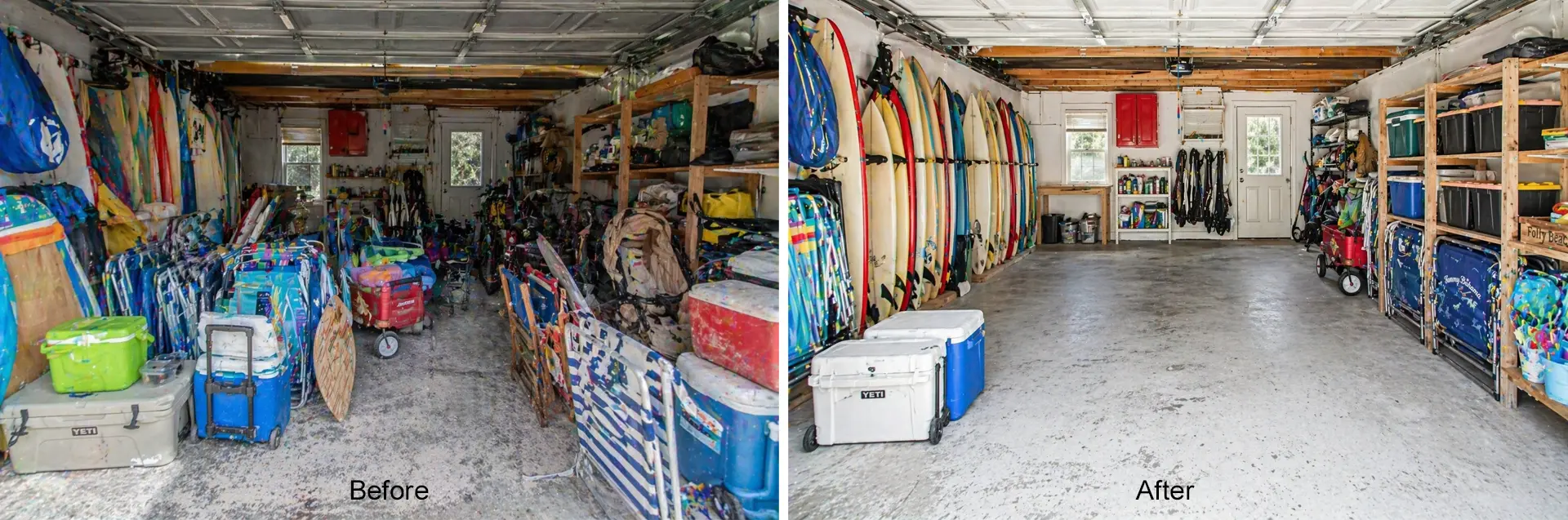 Folly Beach Rental Garage with surfboards, coolers, beach chairs, sand-covered clutter copy