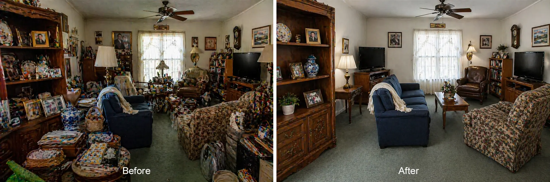 Older West Ashley Living Room filled with decades of furniture, collectibles, papers, narrow pathways copy